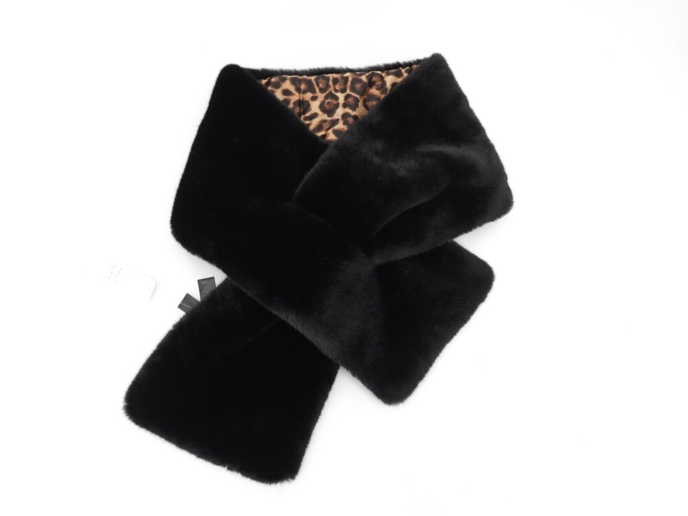 New White House Black Market Scarf Womens One Size Black Leopard Faux Fur Puffer